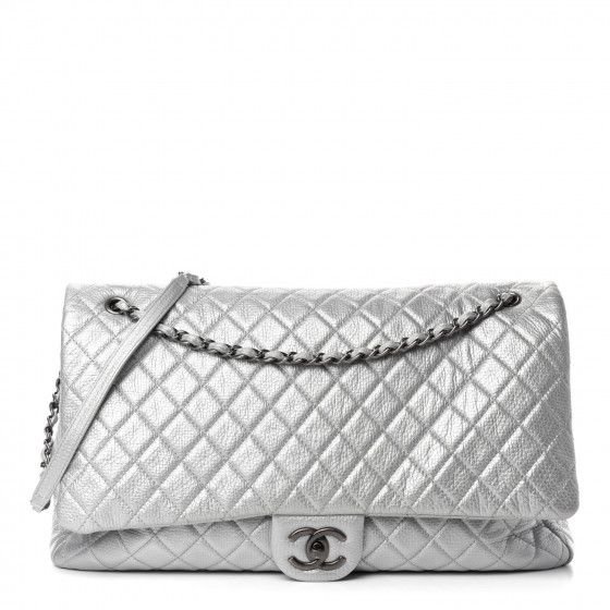 Metallic Calfskin Quilted XXL Travel Flap Bag Silver | Fashionphile