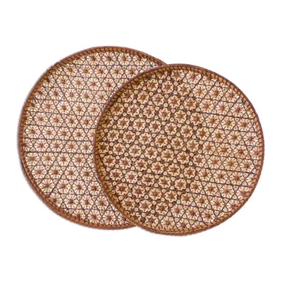 Handcrafted Woven Flower Motif Rattan Trays (Pair) | NOVICA