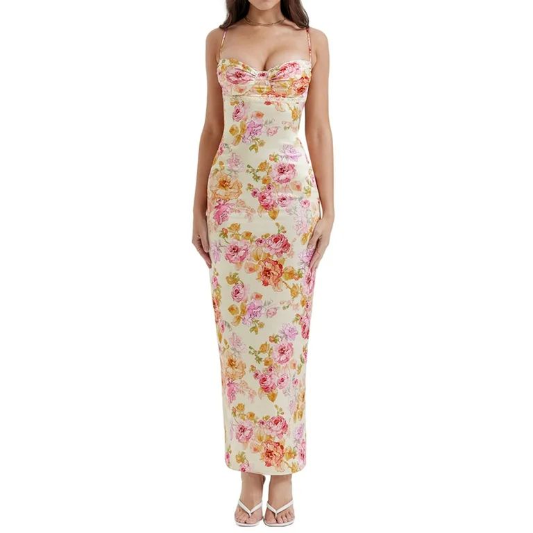Women's Spaghetti Strap Satin Sleeveless Backless Low Cut Floral Print Bodycon Long Dress | Walmart (US)