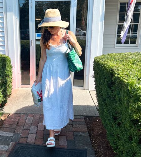 The perfect white smocked dress - can be worn as a casual coverup or out to dinner with white Birkenstocks, green Goyard, white Birkenstocks and straw Hat Attack hat

#LTKunder100 #LTKSeasonal #LTKstyletip
