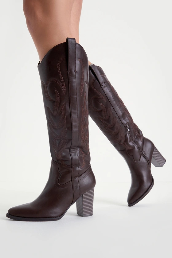 Aden Choco Brown Pointed-Toe Knee-High Western Boots | Lulus (US)