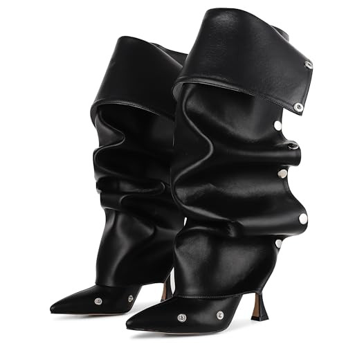 CELNEPHO Black Knee High Boots for Women Stiletto High Heel Pointed Toe Applique Denim Boots Zipper Detachable Snap-Off Wide Calf Slouchy Ruched Panel Shark Boots for Women Size 9.5 | Amazon (US)