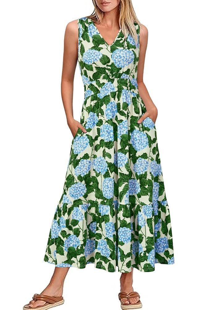 Newshows Women's 2025 Summer Dress Vacation V Neck Sleeveless Midi Dress Tiered Tank Swing Sundre... | Amazon (US)