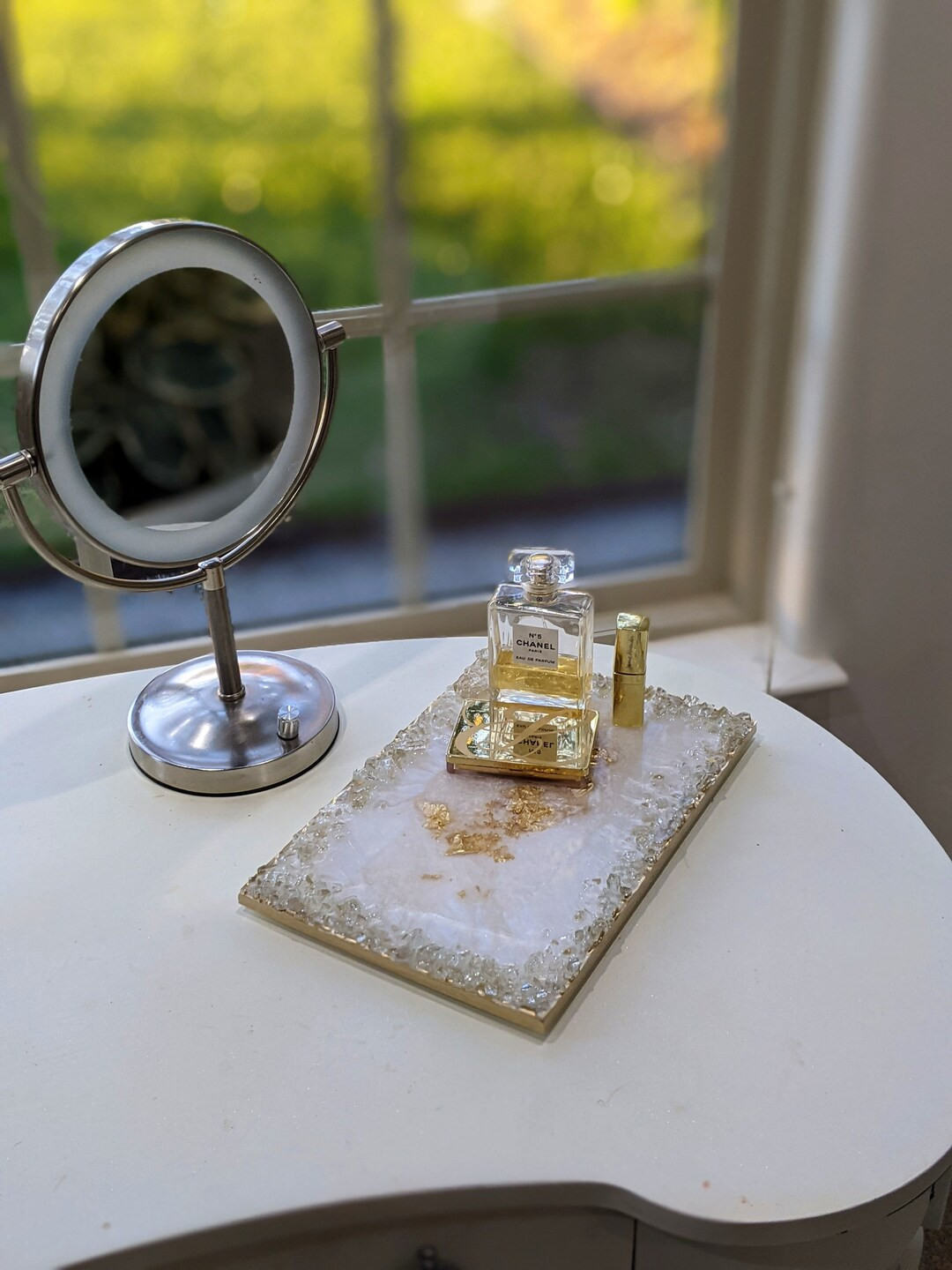 Pearl white & gold resin tray with reflective glass rim, elegant handmade trays in a variety of s... | Etsy (US)