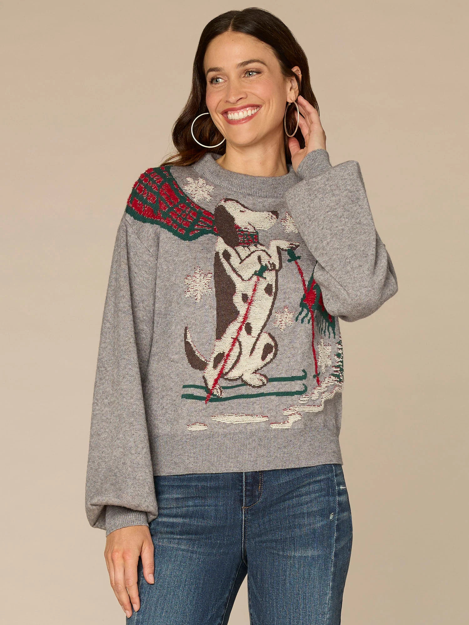 Long Sleeve High Round Neck Placement Skiing Dog Jacquard Sweater | Democracy Clothing