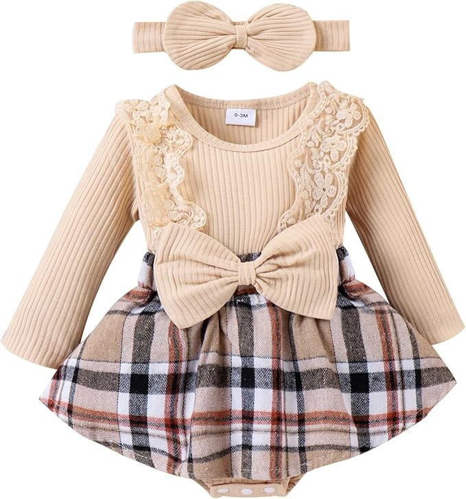 Baby Girl Clothes Fall Winter Outfit Plaid Romper Long Sleeve Dress Lace Ruffles Bodysuit with Bo... | Amazon (US)
