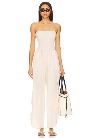 Harriet Jumpsuit in Beige Canvas | Revolve Clothing (Global)