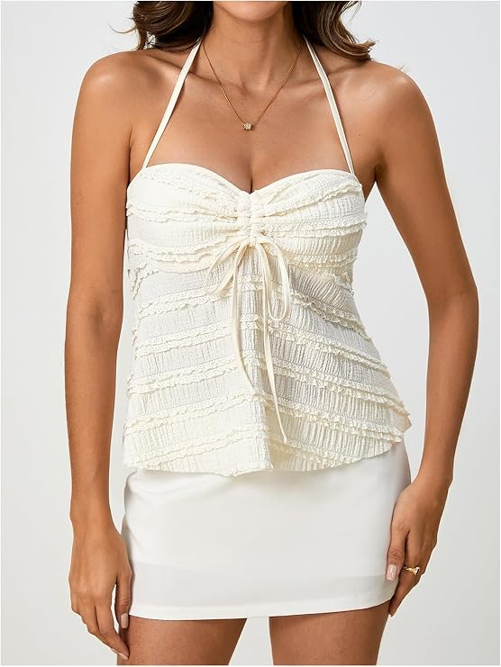 SOLY HUX Women's Peplum Halter Crop Tops Y2K Drawstring Tie Ruched Dressy Casual Spaghetti Strap ... | Amazon (US)
