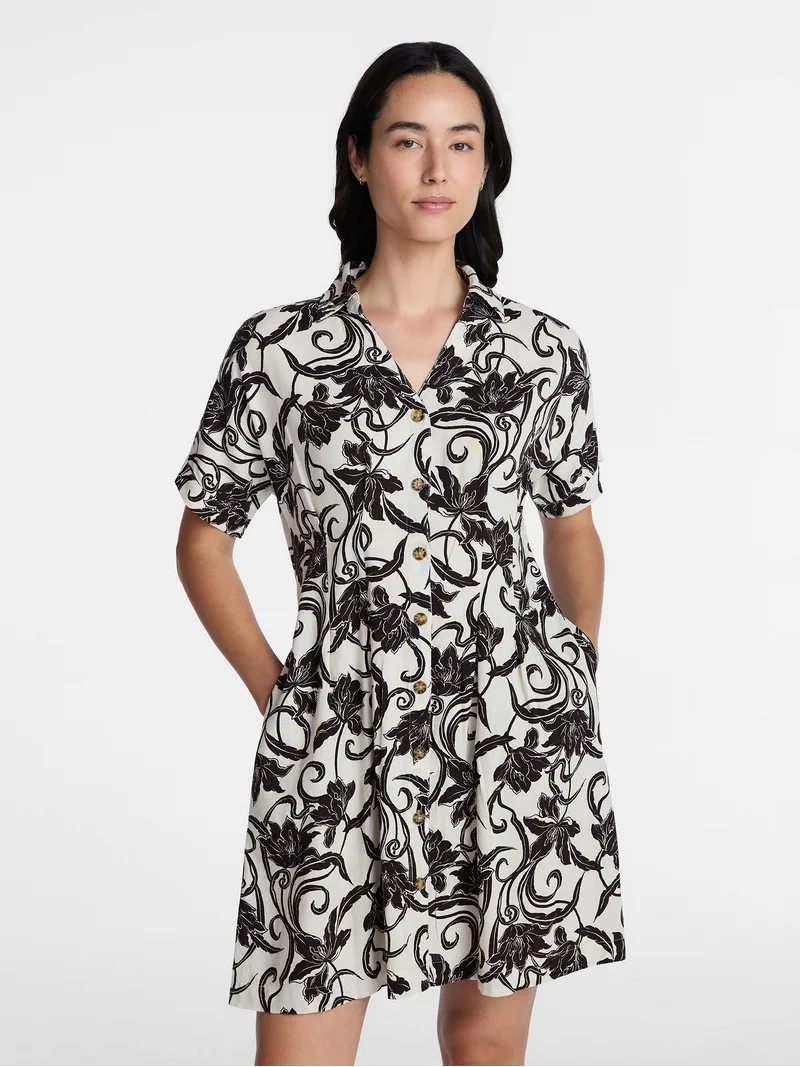 Time and Tru Women's Linen Pleated Waist Fit And Flare Mini Shirt Dress, Sizes XS-XXXL | Walmart (US)