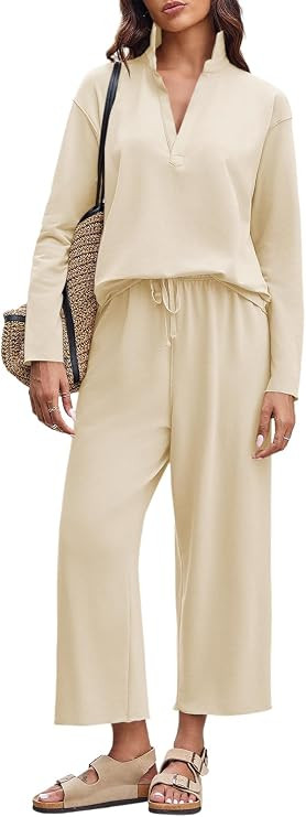 Imily Bela Womens 2 Piece Outfits Sweatsuit Long Sleeve Lapel V Neck Shirt and Wide Leg Pants 202... | Amazon (US)