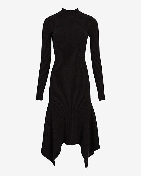 Mock Neck Ribbed Asymmetrical Hem Sweater Midi Dress | Express