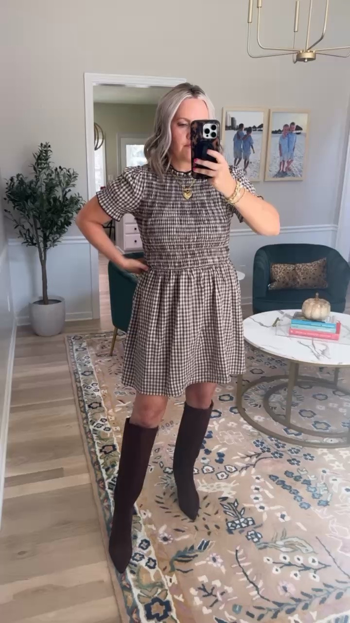A gingham dress with tall boots is such a classic fall combination 🍂 The timeless print feels fresh paired with knee high boots, and it’s an easy outfit to wear for brunch, work, church, or weekend plans. Add a cardigan or denim jacket for cooler days.

gingham dress, tall boots outfit, fall dress, knee high boots, fall outfit idea, classic fall style, transitional outfit, casual fall dress, fall layering, women’s fall fashion, lovelylifestyling

#LTKootd #LTKSeasonal #LTKOver40
