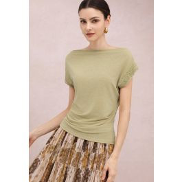 Boat Neck Lace Cuffs Cotton Top in Sage for Beach Getaways & Casual Brunch | Chicwish