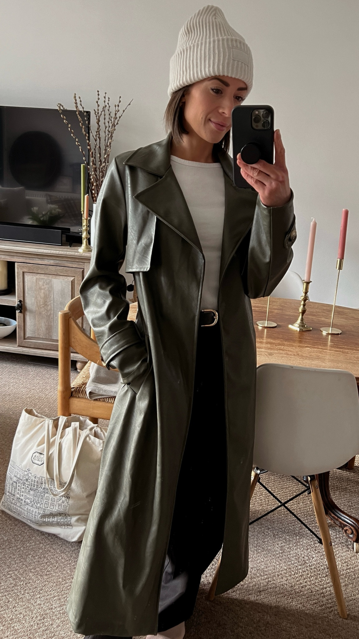 Olive/khaki green faux leather trench coat. Spring outfit. Spring must have. Spring style. Boohoo faux leather trench coat. Spring trends. European style. 

#LTKfindsunder100 #LTKSeasonal #LTKeurope