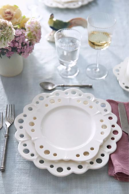 New eyelet dinnerware 💗 pretty dishes, white plates, spring entertaining spring new arrivals home decor Easter tablescape 