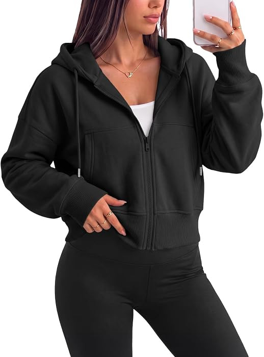 Trendy Queen Womens Zip Up Cropped Hoodies Drop Shoulder Casual Sweatshirts | Amazon (US)