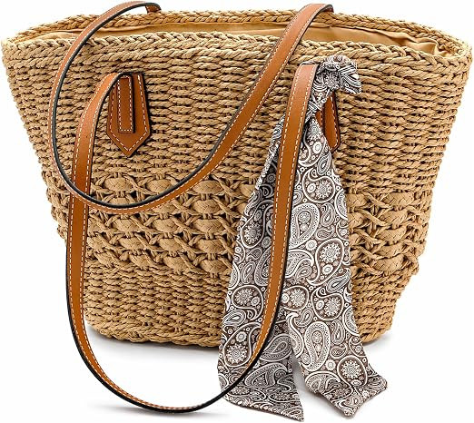 Noamus Straw Beach Bag for Women, Large Summer Tote Bags with Zipper&Silk Scarf, Handmade Mesh Pu... | Amazon (US)