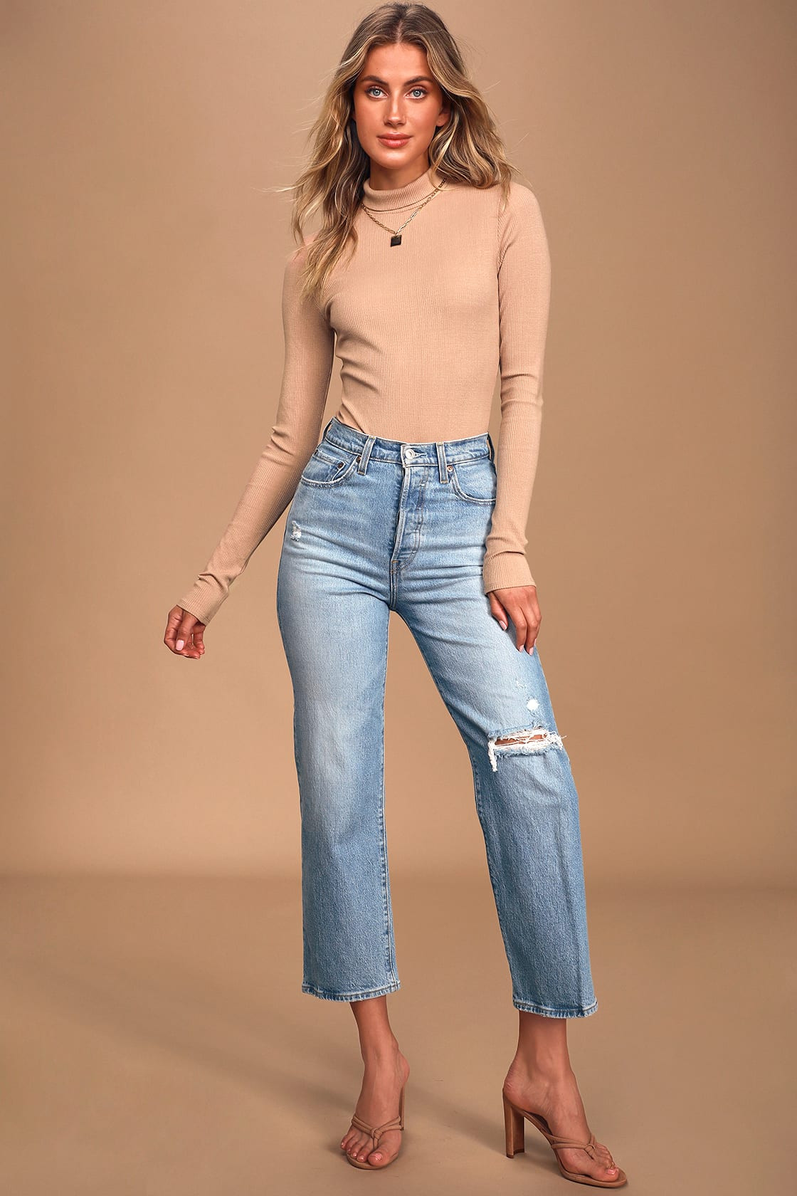 Wilde Beige Ribbed Long Sleeve Mock Neck Bodysuit | Lulus (US)