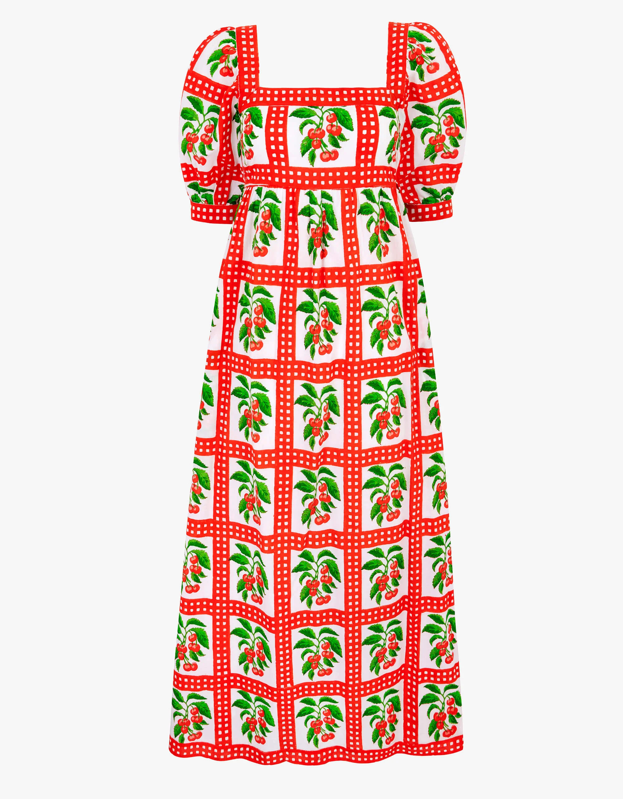Elizabeth Dress | Red, White Gingham Cherry Midi | Block Print Cotton | Pink City Prints UK