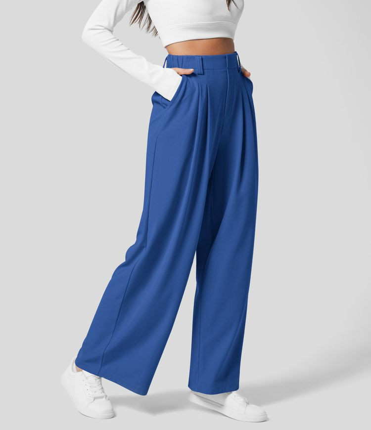 High Waisted Plicated Side Pocket Wide Leg Waffle Work Pants | HALARA