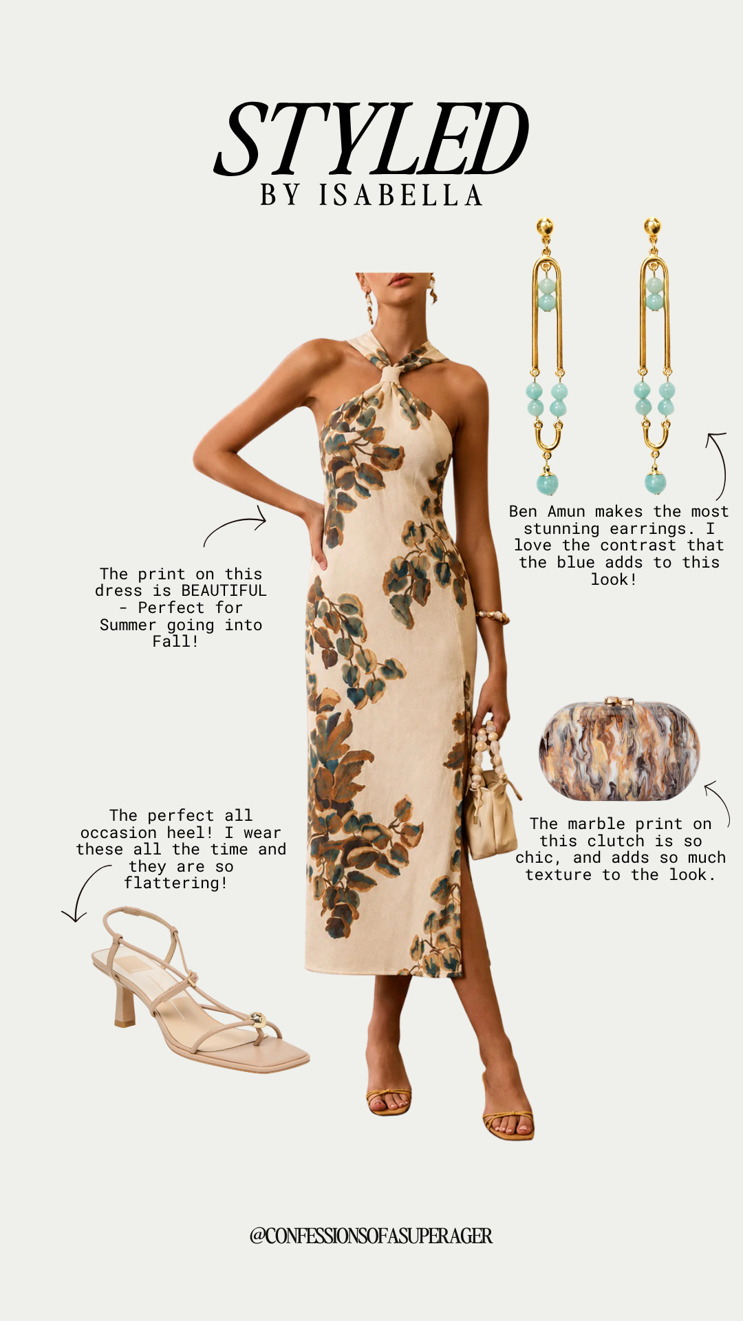 The perfect dress to take you from late Summer into Fall 🤎🍂 This elegant floral halter midi dress is effortlessly chic for weddings, date nights, vacations, and special occasions. Paired with statement turquoise earrings, a marble clutch, and neutral strappy heels, it's an elevated outfit you'll reach for all season long. Tap to shop every piece! ✨ 

 #LTKStyle #LTKFashion #FallTransition #SummerToFall #FloralDress #HalterDress #WeddingGuestDress #DateNightStyle #VacationOutfit #ResortWear #ElegantStyle #NeutralStyle #ClassicFashion #TimelessStyle #OccasionDress #LuxuryStyle #ChicOutfit #FashionOver40 #FashionOver50 #AgelessStyle #StyleInspiration #ConfessionsOfASuperAger

#LTKSeasonal #LTKOver40 #LTKHome
