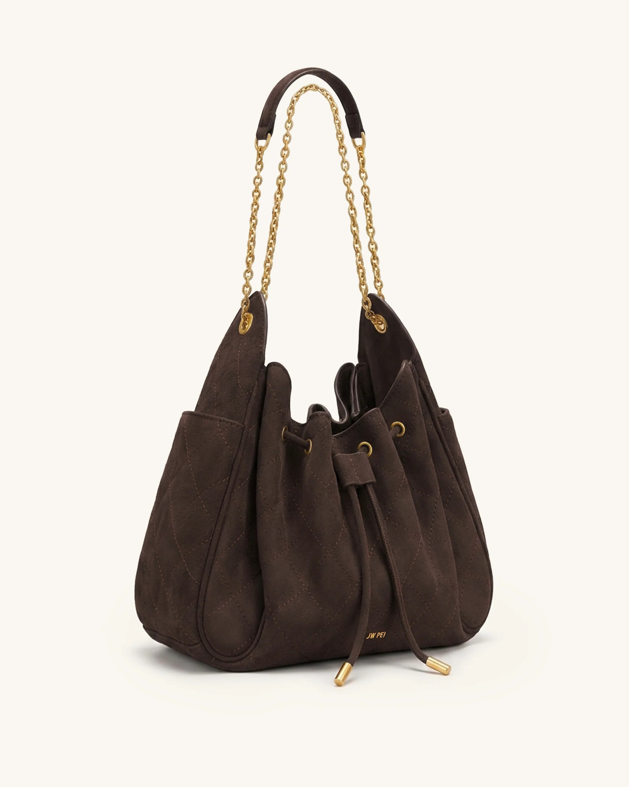 Rowan Faux Suede Quilted Chain Bucket Bag - Dark Brown | JW PEI US