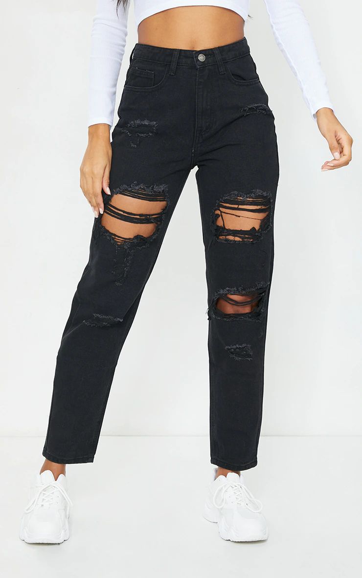 PRETTYLITTLETHING Washed Black Ripped Mom Jeans | PrettyLittleThing US