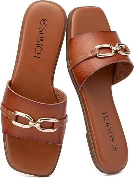 Women's Leather Slide Sandals with Chain Detail, Summer Beach Open Toe Slip On Slipper, Elegant F... | Amazon (US)