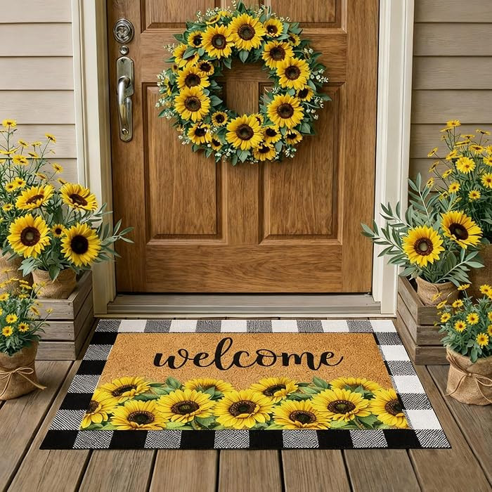2 Pcs Sunflower Layered Coir Doormat Set, Sunflower Welcome Front Door Mat with Black and White B... | Amazon (US)