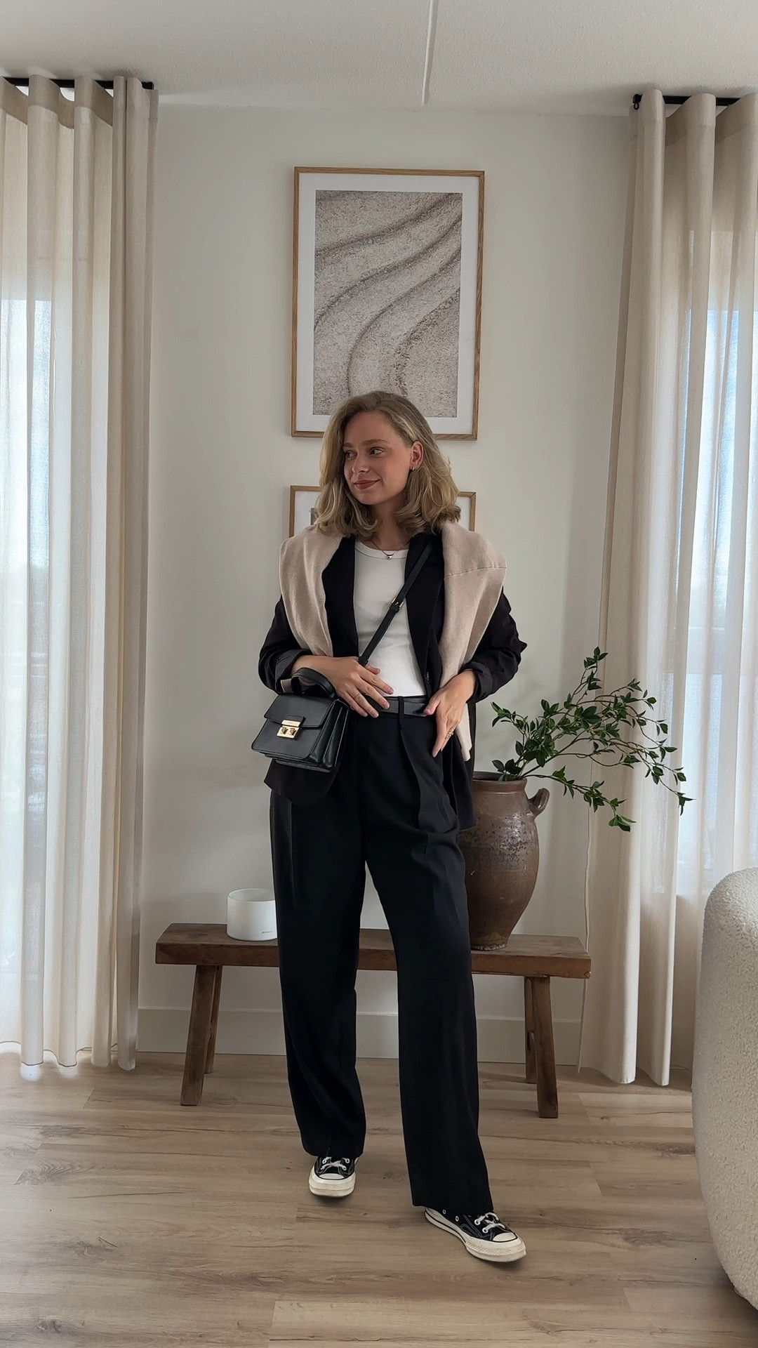 Classy outfit for the office 🖤 black wool trousers, white top, black oversized blazer, beigw knitted sweater, black Furla bag and classic converse 🖤

#LTKSeasonal #LTKworkwear #LTKstyletip