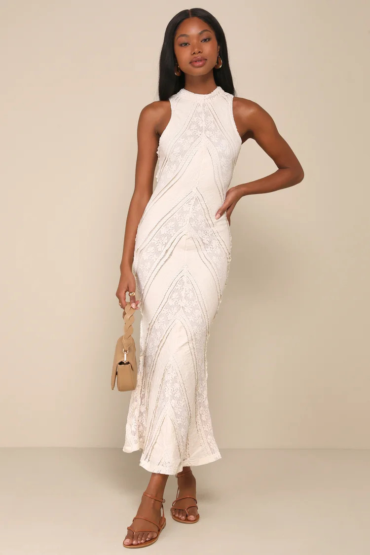 Prettiest Impression Beige Lace Mock Neck Sleeveless Maxi Dress | Lulus