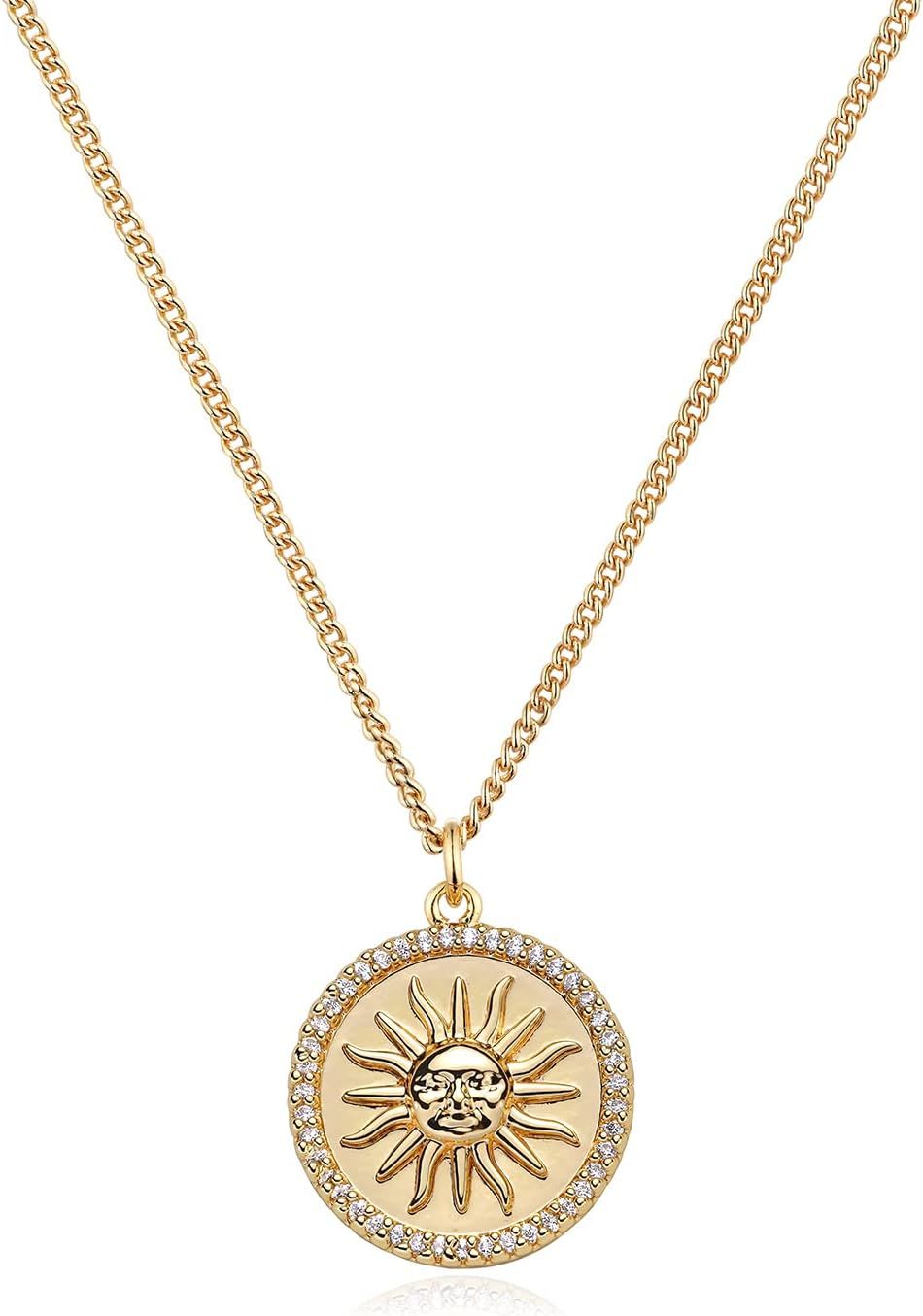 MEVECCO Women Gold Necklace Coin Disc Celestial Patterned Engraved Pendant 18K Gold Plated Simple... | Amazon (US)