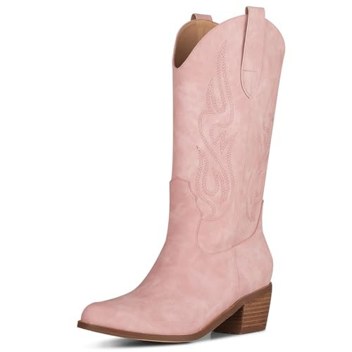 AOSPHIRAYLIAN Pink Cowboy Boots for Women Retro Pointed Toe Pull On Block Chunky Heel Glitter Sparkly Metallic Embroidered Country Concert Outfits Calf Western Cowgirl Boots Size 9.5 | Amazon (US)