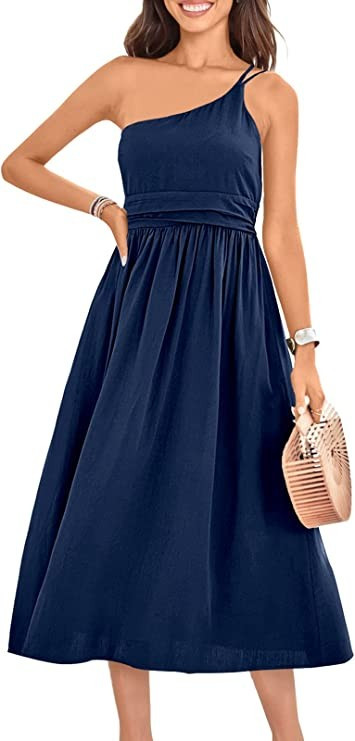 ANRABESS Women's Summer Straps Sundress One Shoulder Sleeveless Pleated High Waist A-Line Flowy M... | Amazon (US)