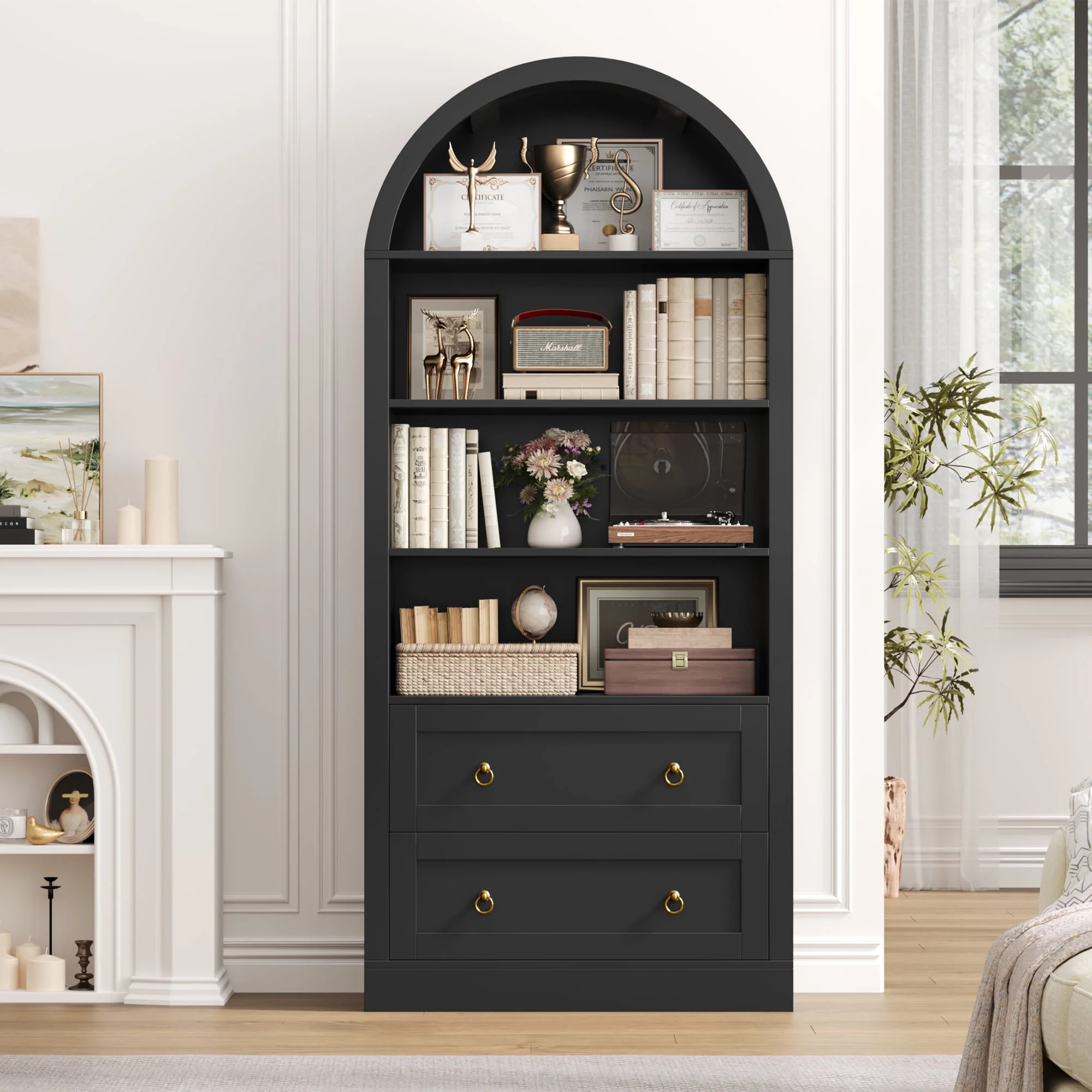 Hiphuta 70"Tall Arched Bookcase, 4-Tier Bookshelves with 2 Large Drawers, Wooden Display Shelf wi... | Walmart (US)