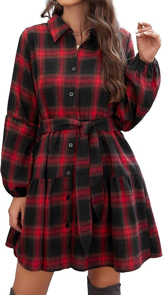 Womens Plaid Dresses Flannel Babydoll Dress Casual Tunic Dress Long Sleeve Fall Dresses with Pock... | Amazon (US)