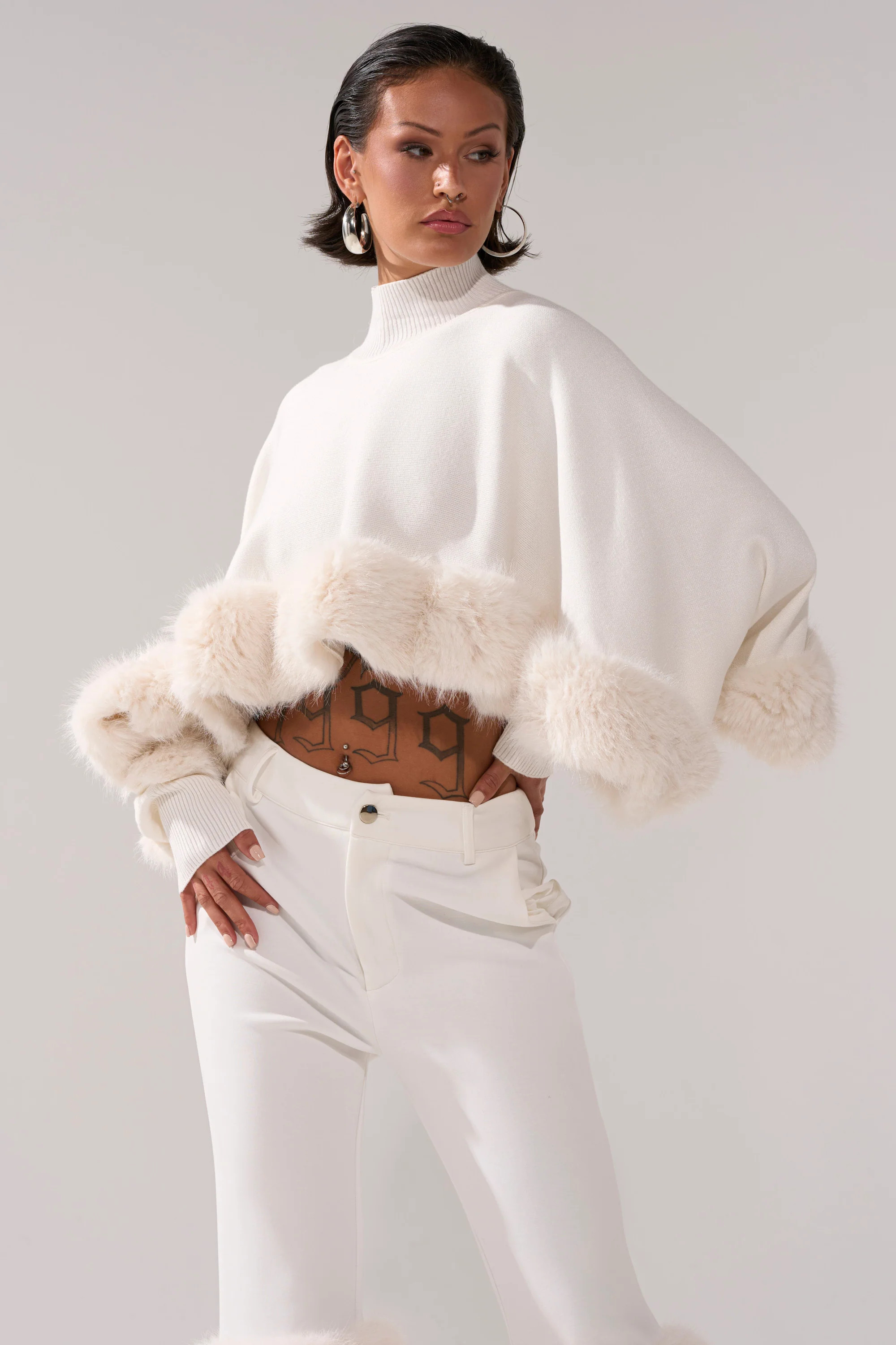 QUIET LUX FUR TRIM SWEATER IN WHITE | AKIRA