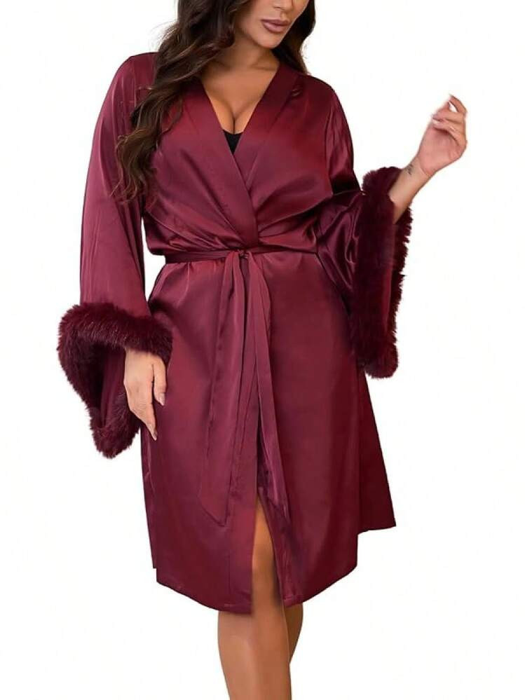 Burgundy, Satin, Plus Size Robe  | SHEIN