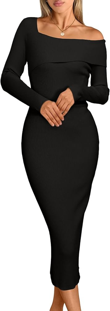 Simplee Womens Off Shoulder Bodycon Sweater Dress Fall Formal Long Sleeve Elegant Club Party Ribb... | Amazon (US)