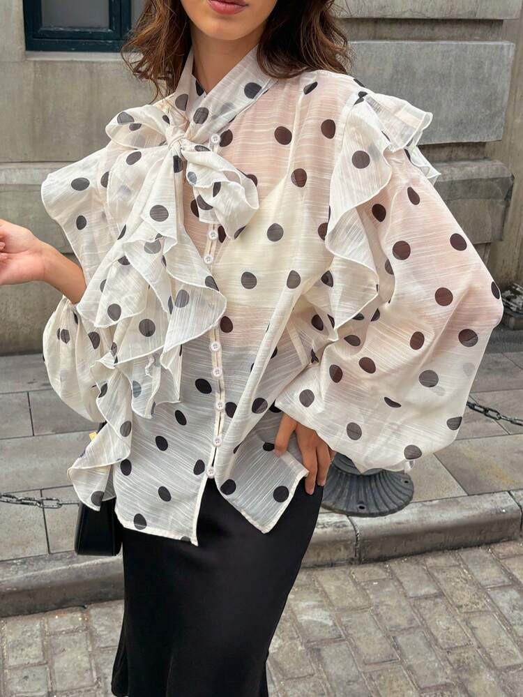 SOLTRB New Women's Fashion Elegant Polka Dot Ruffle Hem Loose Semi-Sheer Blouse, Suitable For Vacation, Work Commute | SHEIN