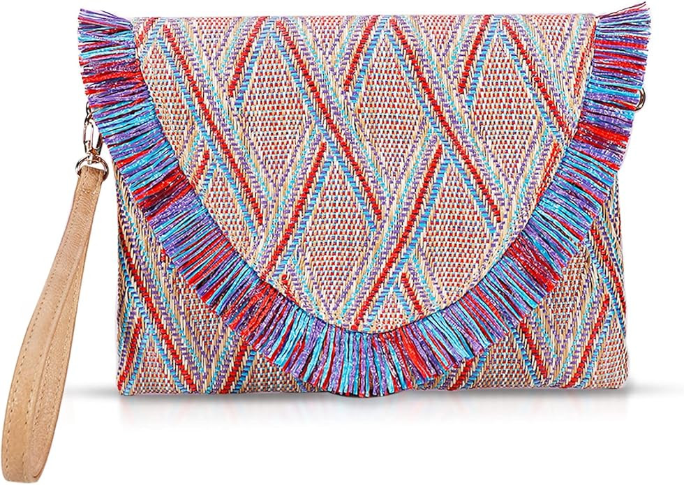 Straw Clutch Purses, Straw Beach Bag for Women, Bohemian Handmade Woven Handbags, Tassels Summer ... | Amazon (US)