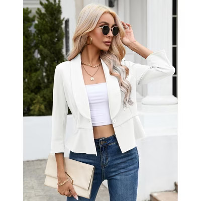 Women 3/4 Sleeve Open Front Button Casual Blazer Work Suit Office Business Jacket Blazer White L | Target
