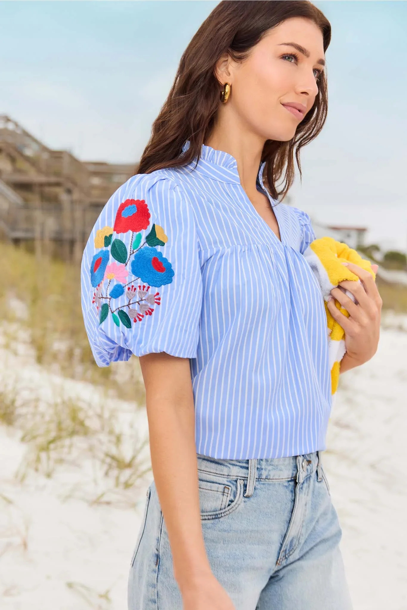 Blue Striped Floral Embroidered Top | Avara