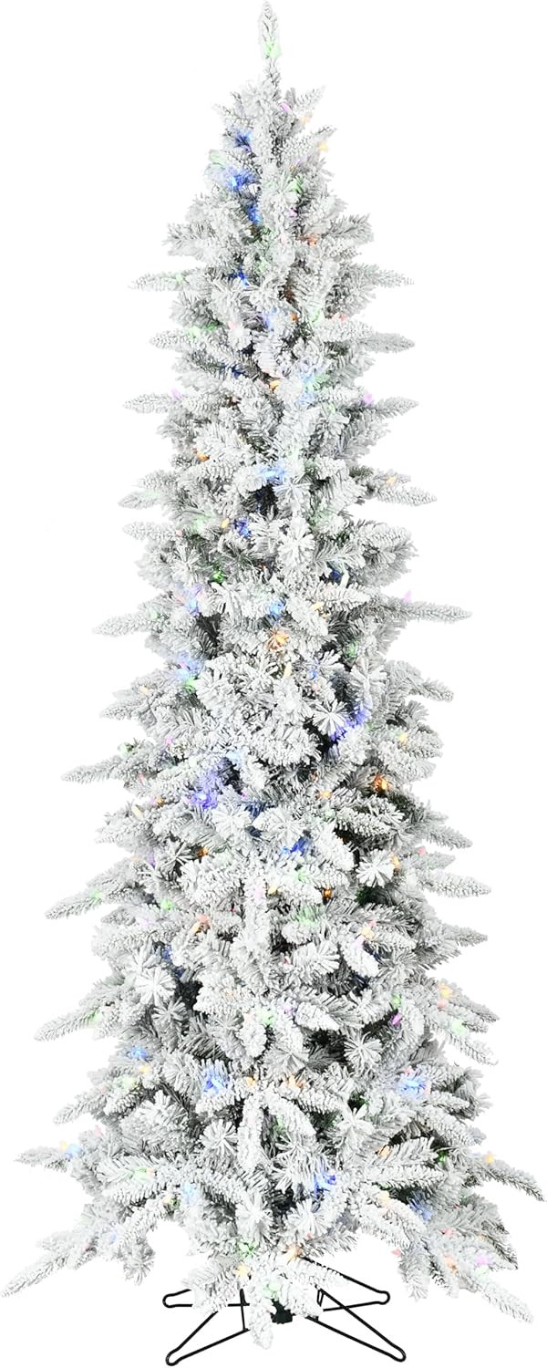Fraser Hill Farm 7.5-ft. Slim Mountain Pine Flocked Christmas Tree with Dual Multicolor & Warm Wh... | Amazon (US)