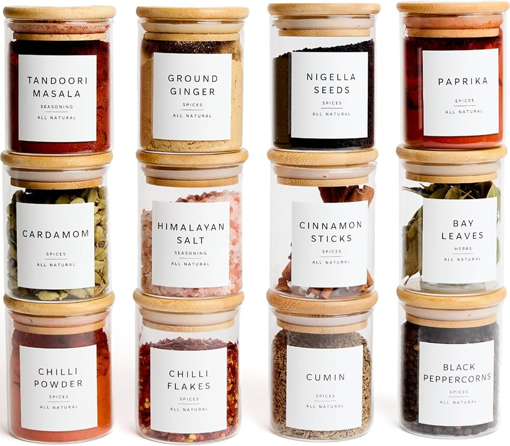 Livabl Glass Spice Jars with Lids and Labels – 12 Bamboo Lid Spice Containers - 200ml Airtight ... | Amazon (UK)