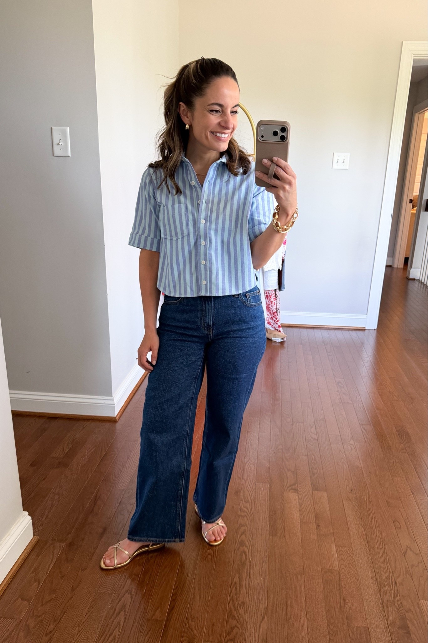 I wore this to a casual Mother’s Day lunch with my fam! Comfortable jeans and a cropped top in fun colors. 

Top (Anthropologie): xxs 
Jeans (Quince): 24 extra short (26” inseam) obsidian blue 
Sandals (Sam Edelman): true to size