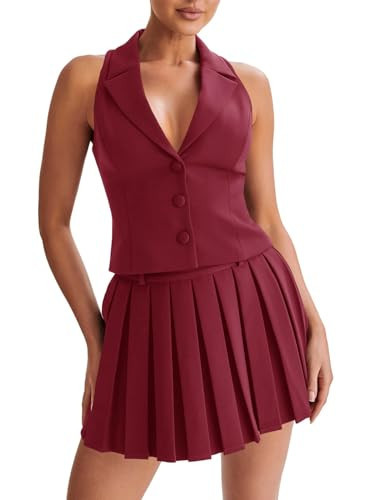 Cicy Bell Womens Summer 2 Piece Outfits V Neck Blazer Vest Matching Sets and Mini Pleated Skirts Burgundy | Amazon (US)