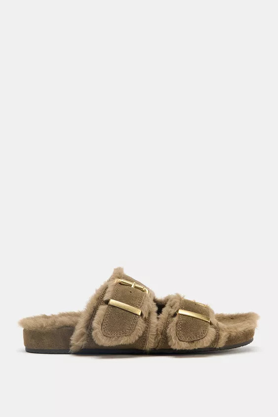 FAUX FUR FLAT BUCKLE SANDALS | Zara US