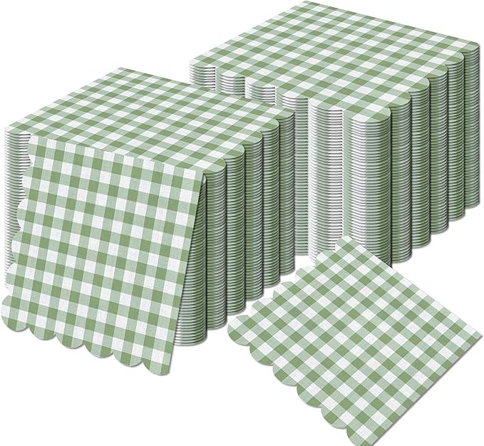 120 Pieces Sage Green Scalloped Cocktail Napkins Plaid Disposable Paper Napkins Green Gingham Gue... | Amazon (US)