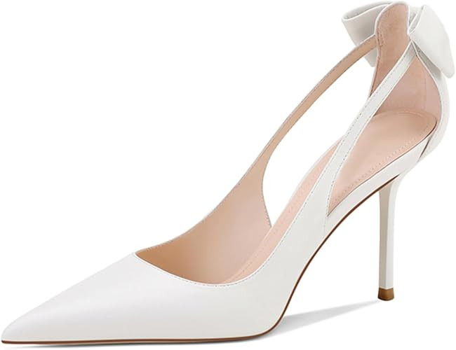 Women's White Bow Pumps Pointed Toe High Heels Closed Toe Stilettos Bridal Heels Dressy Wedding E... | Amazon (US)